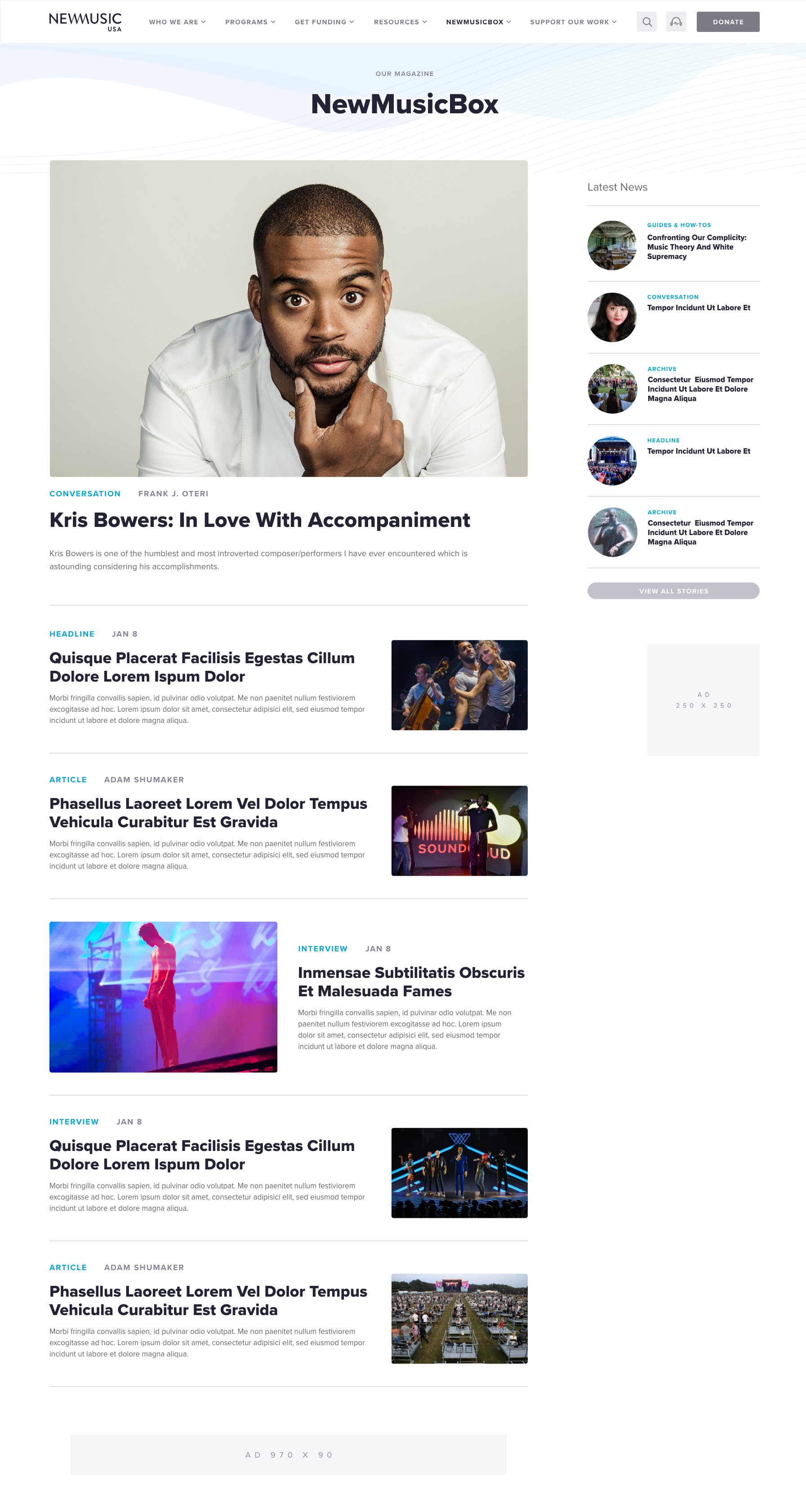 A screenshot of the NewMusicBox section of the New Music USA website.